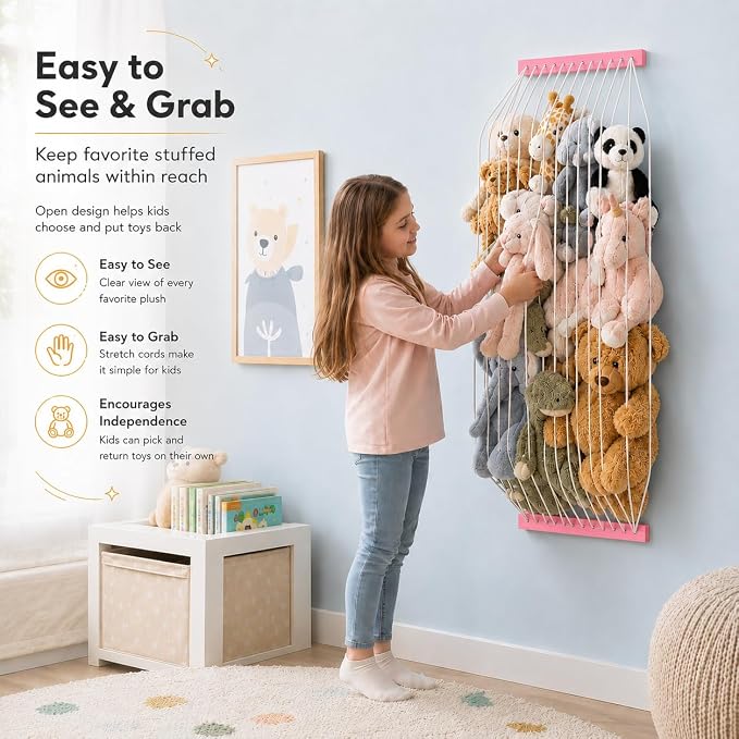 Stuffed Animal Storage Wooden Soft Toy Storage for Kids Room，Wall Mount Door Hanging Stuffed Animal Toy Organizer Shelf for Nursery Play Room Pink -Patent