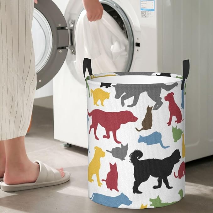 Cats And Dogs Animal Silhouettes Domestic Pets Cartoon Portable Round Hamper For Bedroom Bathroom