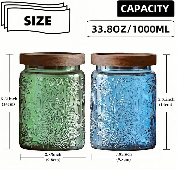 2 Pack Vintage Glass Storage Jars, 23.7 oz Green & Blue Sunflower Canisters | Airtight lids, kitchen organization, coffee beans, tea, sugar, candy, oatmeal, flour, cookies, pet treats, laundry detergent