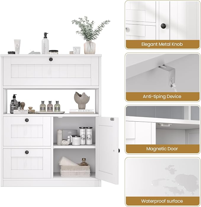 GRUSIGN Bathroom Cabinet, Modern Bathroom Floor Storage Cabinet Organizer with 1 Door and 3 Drawers, Freestanding Cupboard for Kitchen/Living Room Use