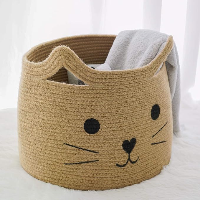 Large Woven Rope Cat Toy Basket with Cat Face Design, Jute | 15.7" x 11.8" Toy Bin & Box for Living Room Nursery, Baby Storage Basket for Towels, Blankets, with Sturdy Handles