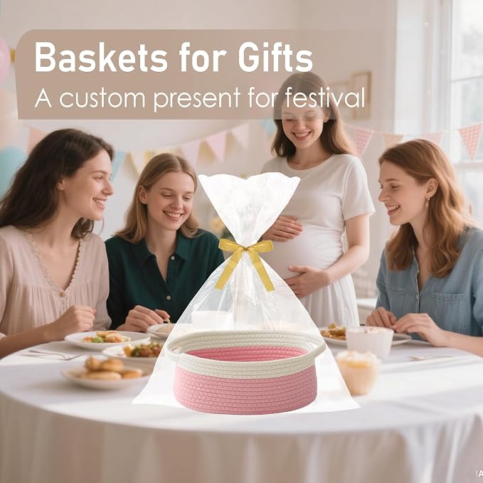 JMvicyroam Small Woven Basket, Empty Gift Basket, White&Pink/3 Pack | Small Gift Basket, Cotton Rope, 12 x 8 x 71 in, Handles, Includes Ribbon and Bag, Birthday Gift Basket