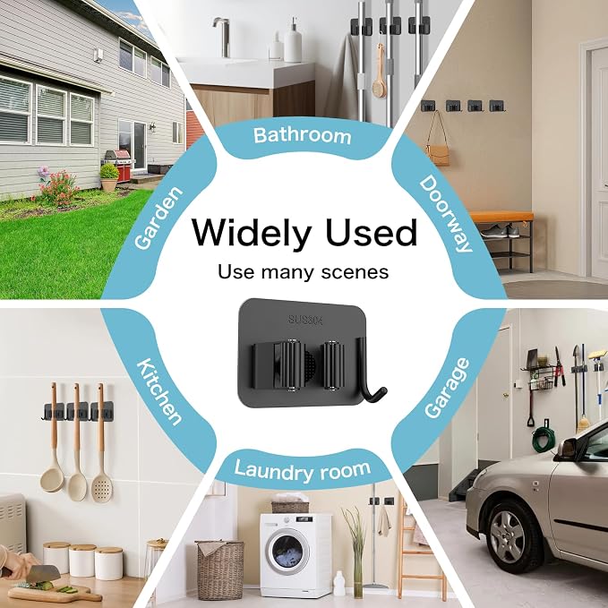 nacena 4 Pack No Drill Self Adhesive Broom Mop Holder Wall Mount with Hooks, Heavy Duty Stainless Steel Organizer for Kitchen Bathroom Garage Storage, Black