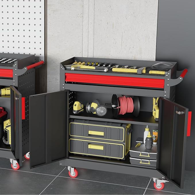 Kelueo Metal Garage Storage Cabinet with Wheels,Lockable Storage Cabinets with Adjustable Shelf,Steel Tool Locker with Pegboard and Handle for Garage,Warehouse