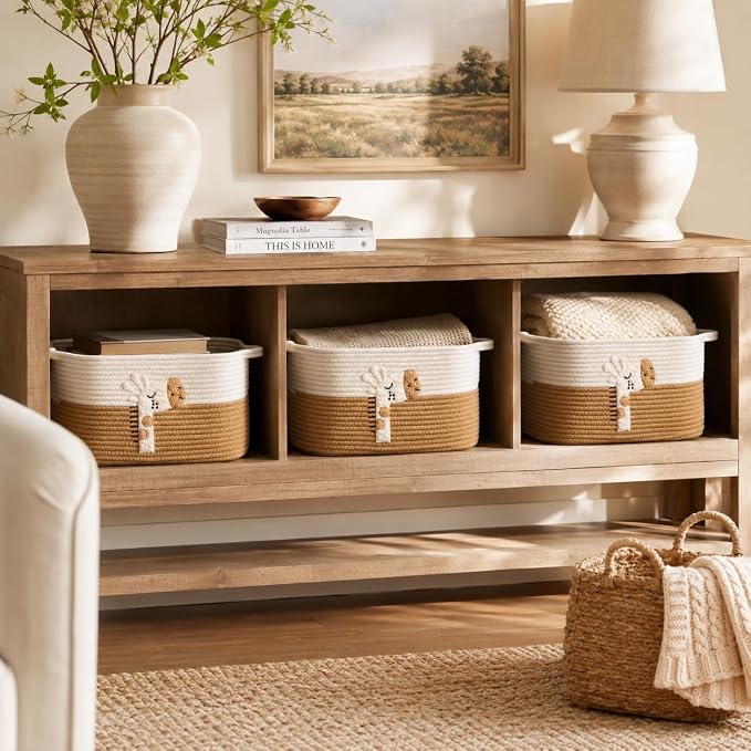 Storage Basket, Woven Baskets for Shelves, Giraffe | 3 Pack Boho Cotton Rope Storage Baskets, 14" x 9" x 8", Home Organizer for Nursery, Holds Toys, Books & Towels