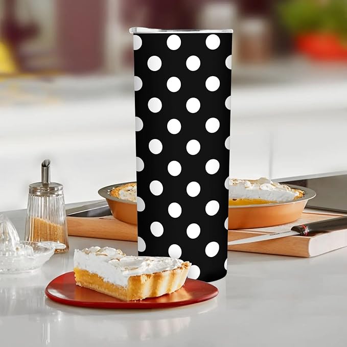 20 oz Insulated Stainless Steel Tumbler Mug, White Black Polka Dot Cup with Lid, Hot and Cold Insulation Presents for Men Women Teens