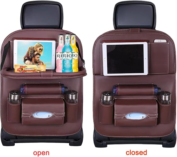 Car Back Seat Organizer with Foldable Table Tray, PU Leather Backseat Organizer for Kids Toddlers Travel, Car Kick Mats Seat Back Protector Storage Pocket with Touch Screen Tablet Holder