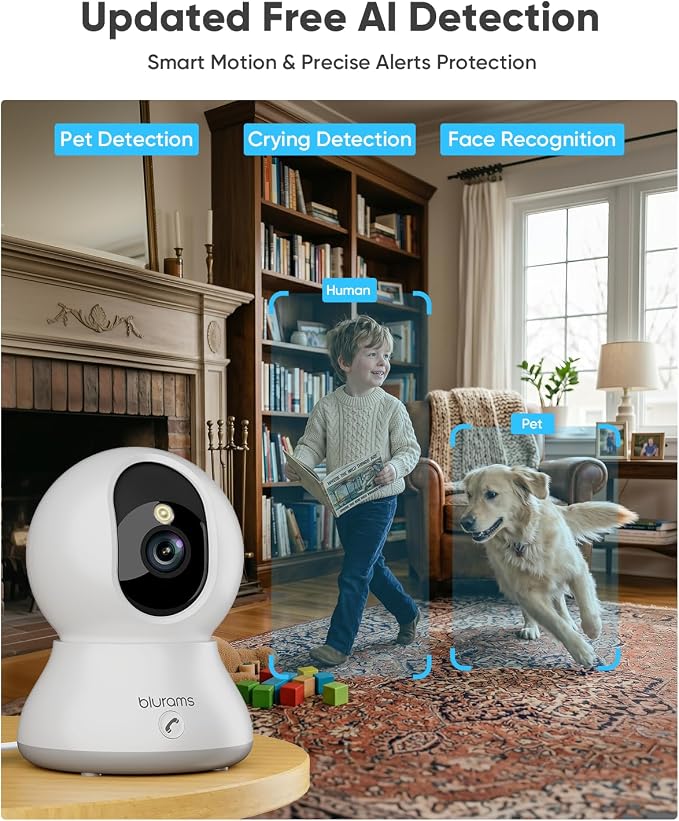 blurams 8MP Indoor Camera, 360° PTZ Baby Monitor, Pet Camera with Phone App, One-Touch Call, Free Human/Pet/Motion/Sound/Cry Detection, Dual-Band WiFi 6, Compatible with Alexa