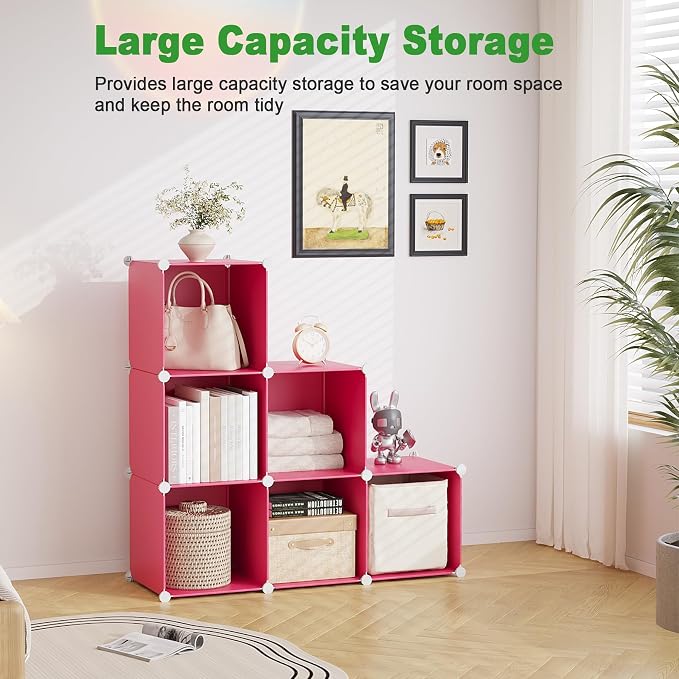 C&AHOME 6-Cube Storage Organizer Cube Shelf Closet Storage Bookcase, Red | Stackable Cubby Storage, Bookshelf, Portable Plastic Storage Closet Organizer, DIY Modular Shelving Units for Home, Wardrobe