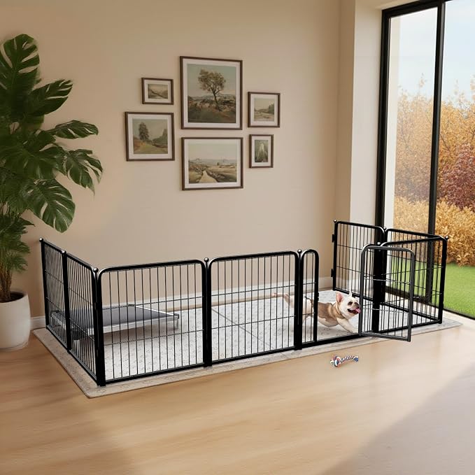 FXW Homeplus Indoor Dog Playpen with Fence-to-Wall Anchors, 24" H, 8 Panels | Calm Indoor Play Area, 4 Wall Anchors for Flexible Boundaries, for Puppies & Small Dogs, Patented