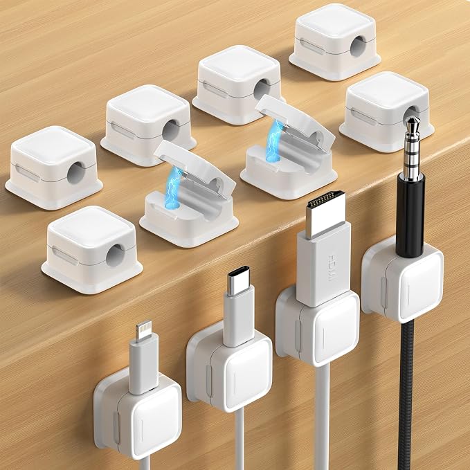12 Pack Cord Organizer, Magnetic Cable Clips, Under Desk Management, White | 0.27in Cable Compatible,Strong Adheive Wire Holder Keeper,Easy Open Phone Charger Holder for Home Car Desk Nightstand Office