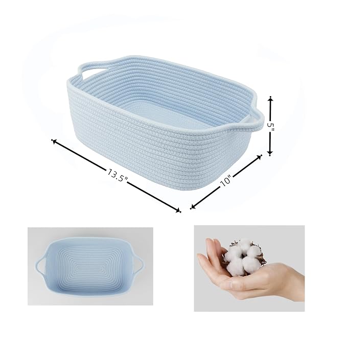 XUANGUO Medium Woven Cotton Rope Storage Basket with Handles, Blue | Small decorative rectangle storage bin for baby nursery items and cat toys; ideal as an empty gift basket or dog toy basket