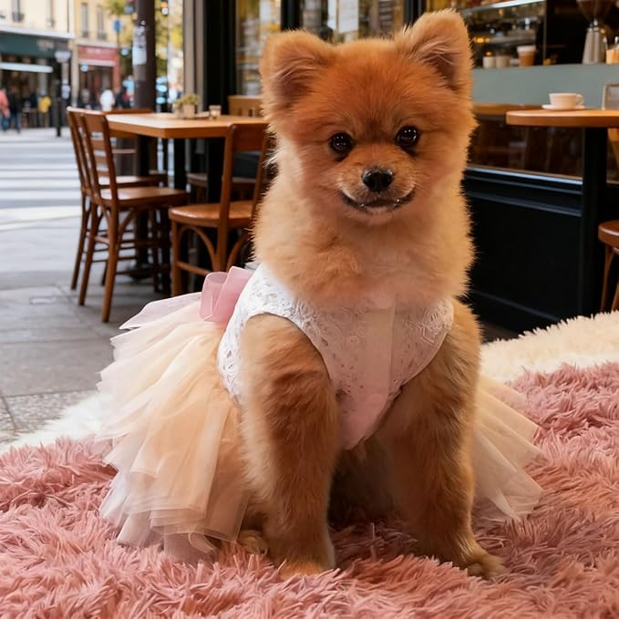 Dog and Cat Girl Bow Dress, White Dog D-Ring Wedding Dress with Pink Bow, Cat Birthday Set, Chihuahua York Pomeranian Cat Pet Party Dress (Pink Bow-Princess, Small)