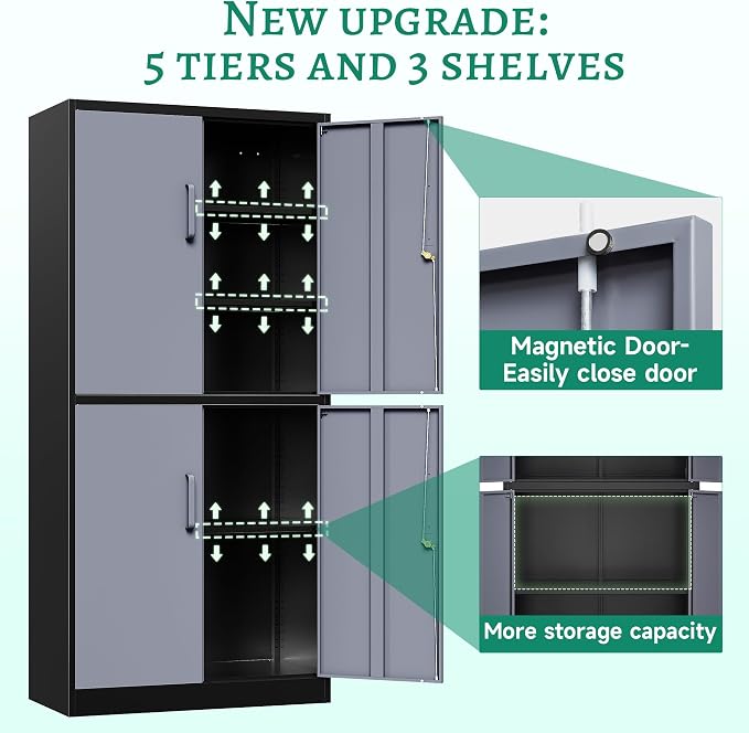 Metal Storage Cabinets with Lock Door and Shelves, Steel Garage Tool Cabinets for Home,Office, Warehouse,Lockers(71"-Black Gray)