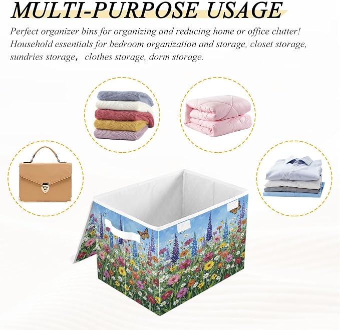 Fabric Storage Bins with Lid Spring Floral Closet Storage Basket 40L | Decorative Storage Boxes, Foldable & Stackable, Dust-Proof Flip Top, Reinforced Handles, For Home & Dorm, Clothes & Toy Box