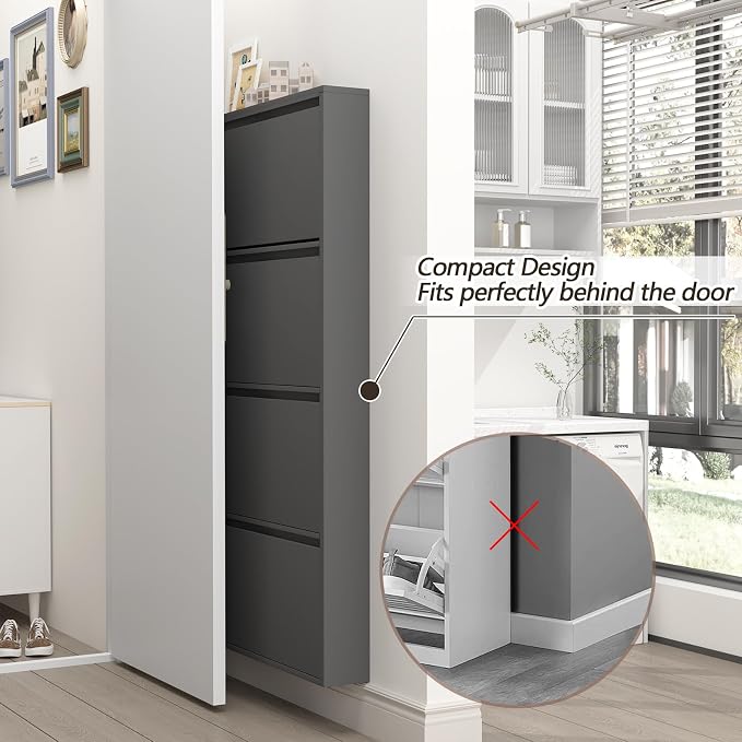 GREATMEET Black Shoe Cabinet Storage for Entryway, Narrow Shoe Cabinet for Entryway Slim, Wall Mounted Metal Hidden Shoe Organizer with 4 Flip Drawers