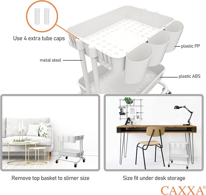 CAXXA 3-Tier Rolling Storage Organizer with 3 Small Baskets - Mobile Utility Cart with Caster Wheels (White)