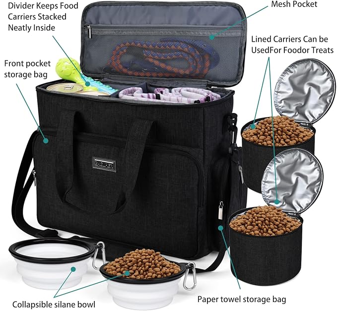 BAGLHER Dog Travel Bag, Airline Approved Pet Tote Organizer with Multi-Function Pockets, 2 X Food Storage Containers and 2 X Collapsible Bowls, Perfect Weekend Pet Travel Set for Dog, Cat Black