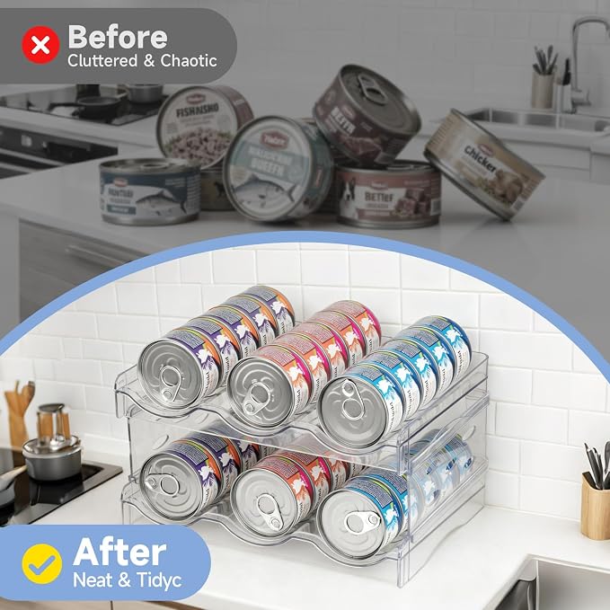 Cat Food Can Organizer 2-Tier Hold 36 Cans 3.5oz Transparent Cat Can Rack | Wet cat food storage rack suitable for kitchen cabinets and storage cabinet countertops,Suitable for multi size cans