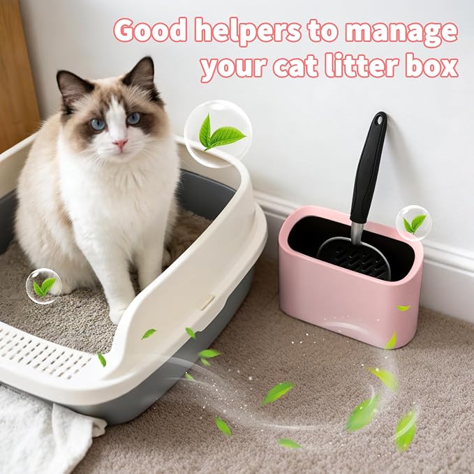 Metal Cat Litter Scoop with Holder, Lidded Caddy Set, Pink | Sifting Slots, Curved Grip, Rinse-Clean Holder, 12 x 4 x 1.5 in Aluminum Scoop, 8 x 2.9 x 5.9 in Lidded Caddy