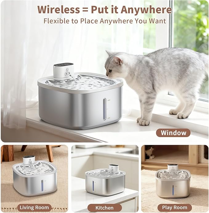 Cat Water Fountain Stainless Steel Wireless 118oz/3.5L–Cordless Battery-Operated Pet Water Dispenser with All-in-One Rechargeable Pump, Quiet Indoor Fountain for Cats & Dogs (Fountain+8Filters)