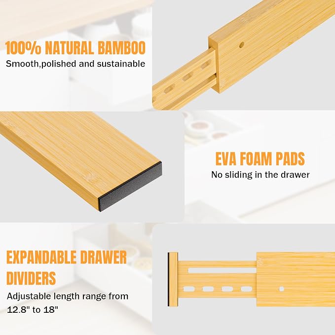 Bamboo Drawer Dividers, 4" High Drawer Organizers for Clothes/Utensils | 12.8-18" Expandable Wooden Drawer Separators for Dresser, Kitchen, Bathroom, Nursery, Office Organization & Storage, 4 Pack