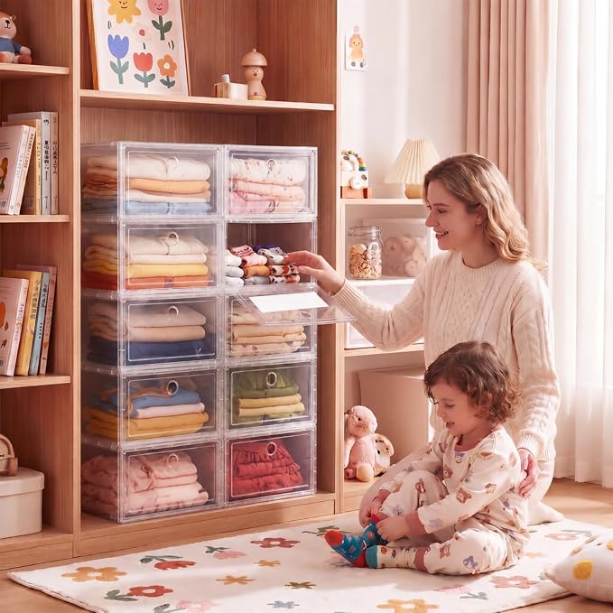 10-shelf Clothes Storage Organizer for Girls, Clear Plastic Bins | Clear Stackable Bins and Clothing Category Labels Help Organize Shirts, Pants and Dresses in Teen Bedrooms and Closets