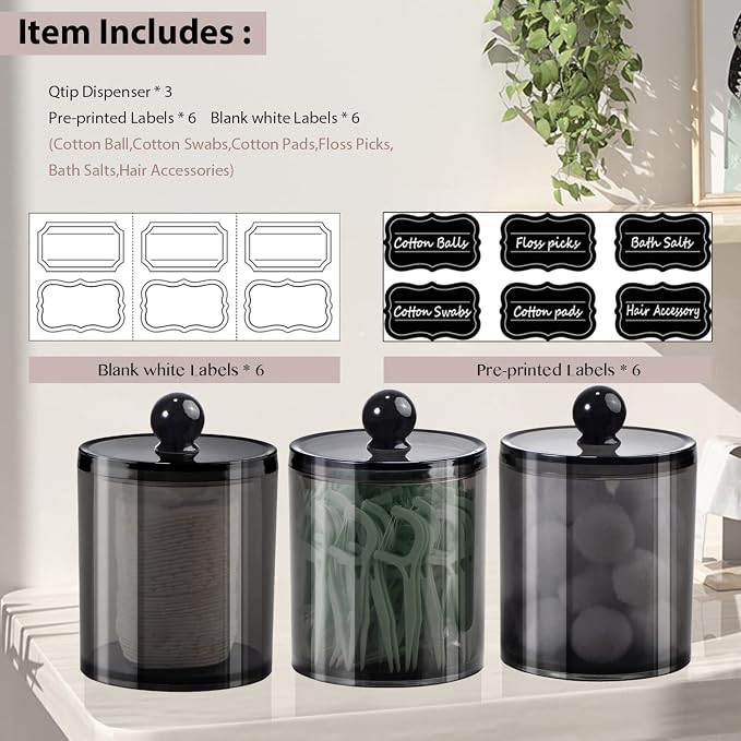 SheeChung 3 Pack Black Qtip Holder,Acrylic Apothecary Jars with Lids | Q Tip Holder with Labels,Shatterproof Bathroom Organizer Set for Cotton Swabs,Balls,Pads,Bathroom Accessories