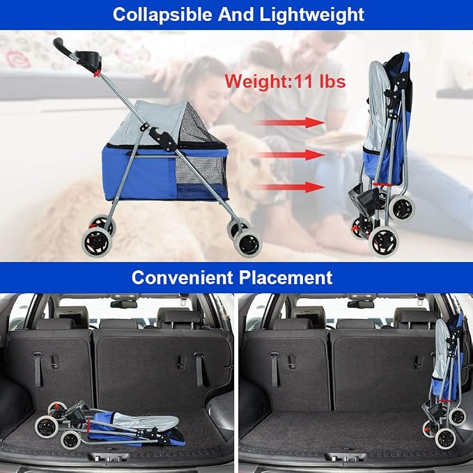 BestPet Foldable Pet Stroller for Small/Medium Dogs and Cats Up to 33 lbs | 4-Wheel Stroller Pet Strolling Cart w/ Breathable Mesh, Lockable Rear Wheels, Cup Holder/Tray & Storage Box, Blue