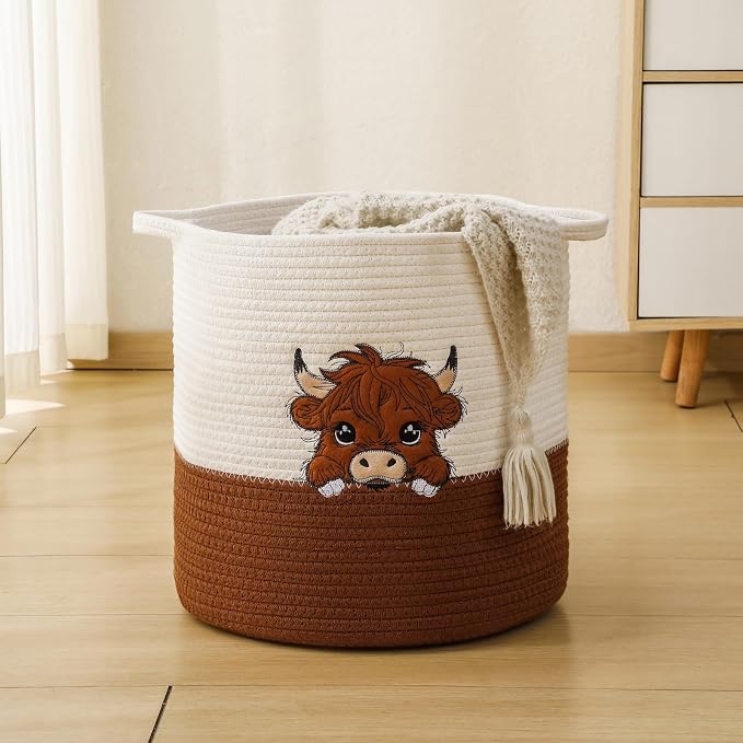 Large Blanket Baskets for Living Room, Highland Cow Storage Baskets for Toys Organizer Woven Cotton Rope Basket for Kids, Clothes Hamper with Embroidery Highland Cow Decor for Nursery Laundry