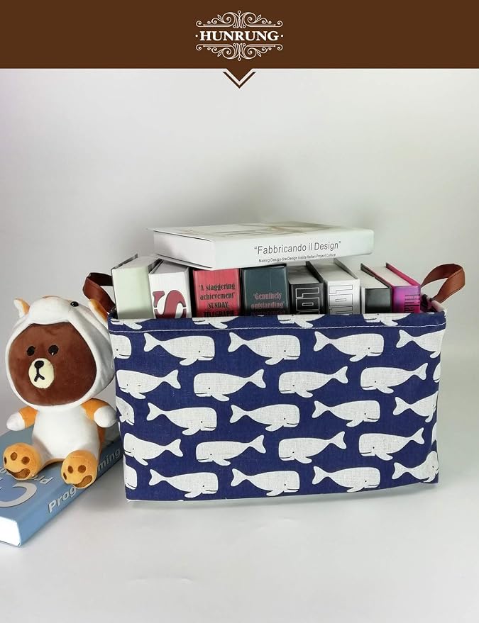 Rectangle Canvas Foldable Storage Basket for Nursery, Blue Whale | Portable and collapsible cloth receptacle. Stores pet essentials, daily use items. Folds flat when not in use