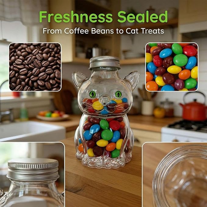 Glass Cat Treat Jar,Cute Cat Cookie Jar with Airtight Lid, Pet Cookie Storage Jars,Reusable Small Pet Snack Storages Jars for Kitchen Storage Supplies,Pets Lovers Gifts,350ml (Clear 1pcs)