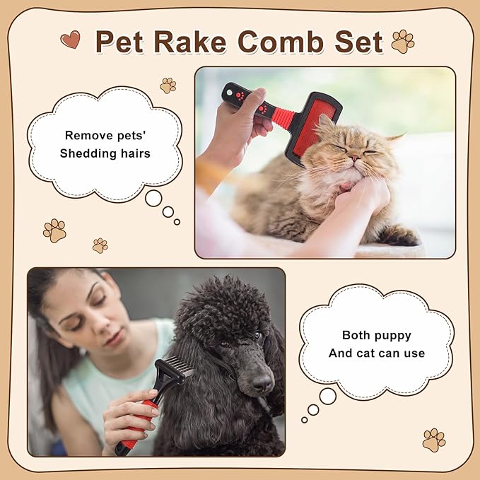 Zhehao 8 Pcs Pet Grooming Kit - Dematting Combs, Slicker Brush, Steel Comb Deshedding Brush, Flea Comb, Undercoat Rake for Detangling Long Matted Fur Hair from Dogs, Cats, Poodles, Anti-slip Handle