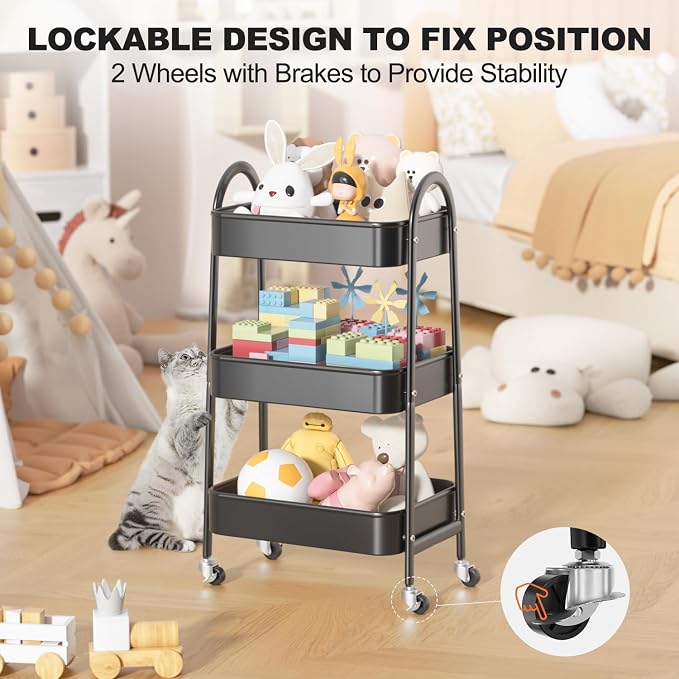 3 Tier Rolling Cart, Large Metal Storage Cart with Handle and Lockable Wheels, Big Multifunctional Storage Organizer Trolley with Mesh Baskets for Kitchen, Living Room, Office, Garage (Black)