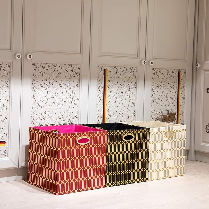 Posprica Storage Bins, Storage Cubes,13×13 Fabric Drawers Organizer Basket Boxes Containers (13×13×13/2pcs, Cream/gold geometry Pattern)