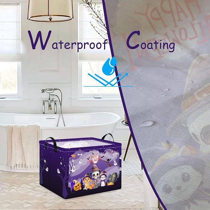 Purple Spooky Night Halloween Basket with Kitten Puppy Ghost Prints,Trick or Treat Storage basket for Gifts and Party Stuffers(Kitten Puppy Skeleton)