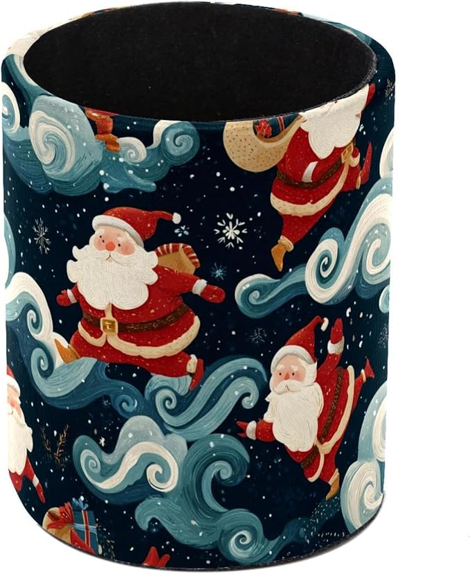 Faux Leather Pen Holder for Desk, Pencil Organizer Cute Santa Claus Pen Cup Desk Decor Makeup Brush Holder Storage for Office Home