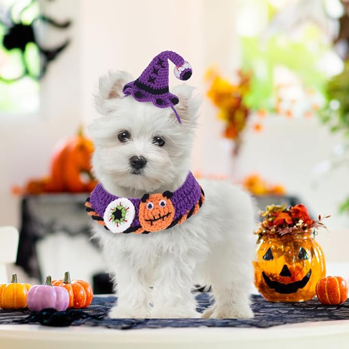 Kunyeah Halloween Pet Costume Set for Cats Small Dog Adjustable Knitted Hat Scarf Pumpkin & Witch Print Puppy Bib Cute Crochet Cat Collar Cap Pet Apparel Outfit (Purple-Eyes)