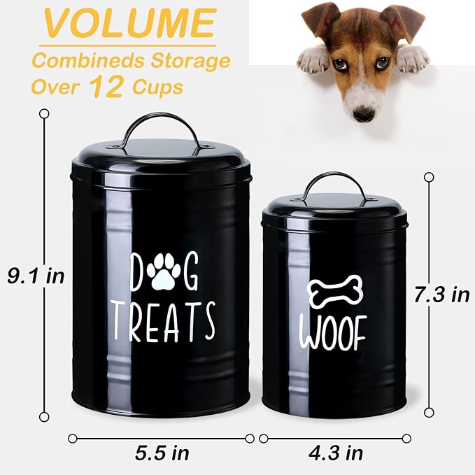 Dog Treat Container Airtight, Dog Treat Jar Set of 2 with Lid - 9x5.5''&7x4'' Metal Dog Cookie Jar for Farmhouse Kitchen Counter, Black Treat Jars for Pets, Treat Storage Container for Dogs, Cats | Large Capacity Dog Treat Jar Suitable All Popular Trea...
