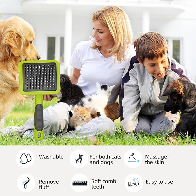 Green Self Cleaning Slicker Brush for Dogs&Cats Skin-Friendly Pet Brush for Shedding&Deshedding Pet Grooming Tool for Long&Short Haired Pets Gentle Remove Loose Hair Knots Tangles