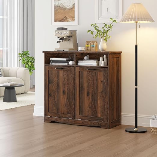 HOOBRO Double Tilt Out Trash Can Cabinet, 20 Gallon Kitchen Trash Bin Cabinet, Hidden Trash Storage with Open Compartments, Hidden Laundry Hamper, for Kitchen, Laundry, Walnut WL04LJ01