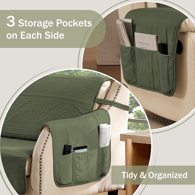Soft Boho Quilted Couch Cover with Pockets for Extra-Large Sofa, Anti-Slip Sofa Covers Washable for 3 Cushion Pet Friendly, Oversized Sofa Cover Water-Repellent (X-Large Sofa 78", Olive Green)