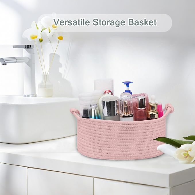 COMSE Small Gift Basket Empty with Bag & Ribbons, Solid Dusty Pink | Cotton Rope, 12"x 8"x 5", Pet Toy Storage Organizer, Woven Basket for Birthdays, Baby Showers, Mother’s Day, Valentine’s Day