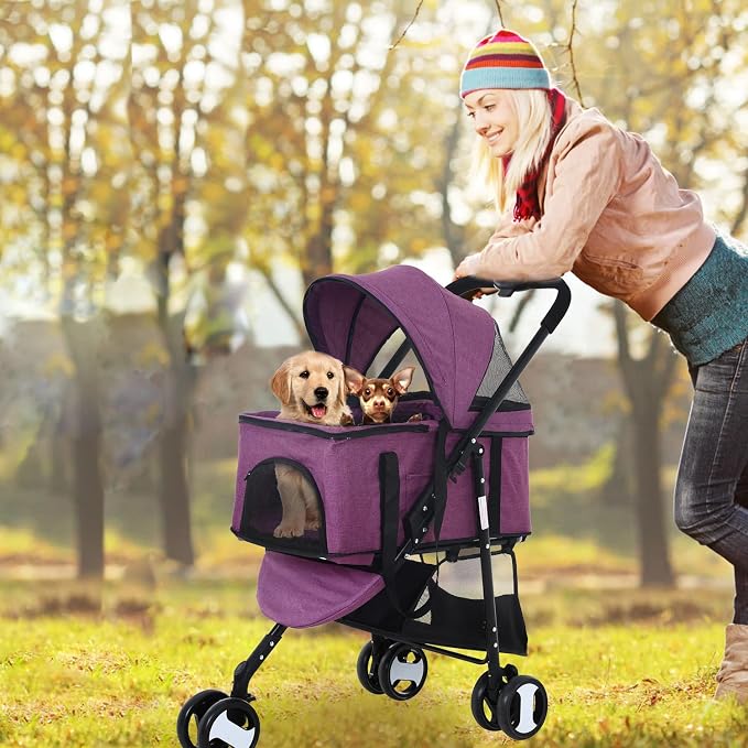 NChanmar Dog Stroller Cat Pet stoller 3-in-1 Folding for Small Medium Dogs Cats with Detachable Carrier Storage Basket Waterproof Lightweight Travel,Purple, 3 Wheels, 7.0 kilograms