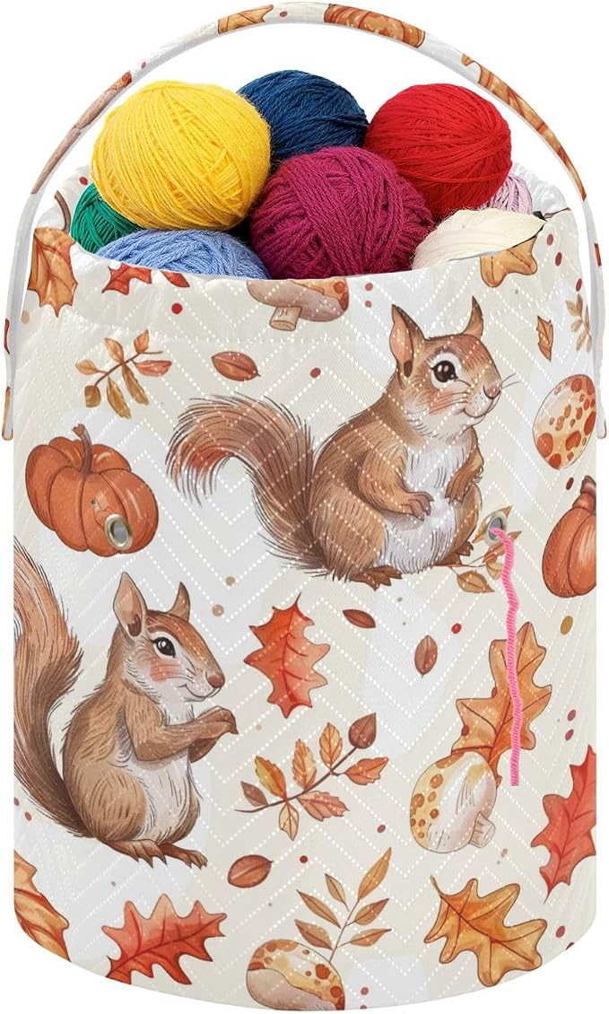 Fustylead Cute Squirrel Maple Pumpkin and Mushroom Yarn Knitting Crochet Drawstring Bag with Customized Front Compartment, Portable Large Storage Basket for Crocheting Project, Kit, Yarn Ball, Needle
