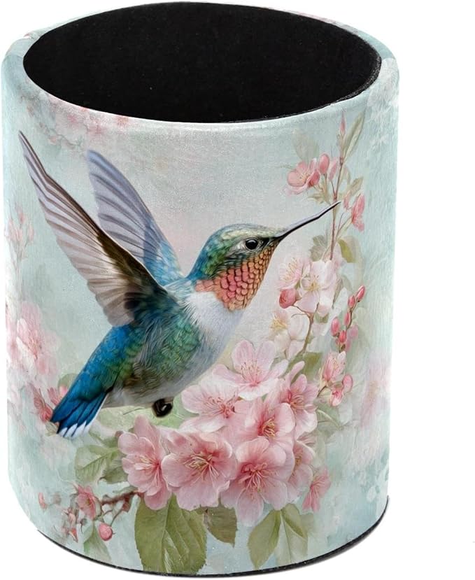 Faux Leather Pen Holder for Desk, Pencil Organizer Hummingbird Pen Cup Desk Decor Makeup Brush Holder Storage for Office Home