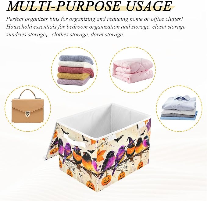 Fabric Storage Bins with Lid Halloween Bird Closet Storage Basket 40L | Decorative Storage Boxes, 300D Oxford Cloth, Hollow Board Frame, Flip Top Velcro Lid, 16.5x12.6x11.8 inch, Collapsible Design