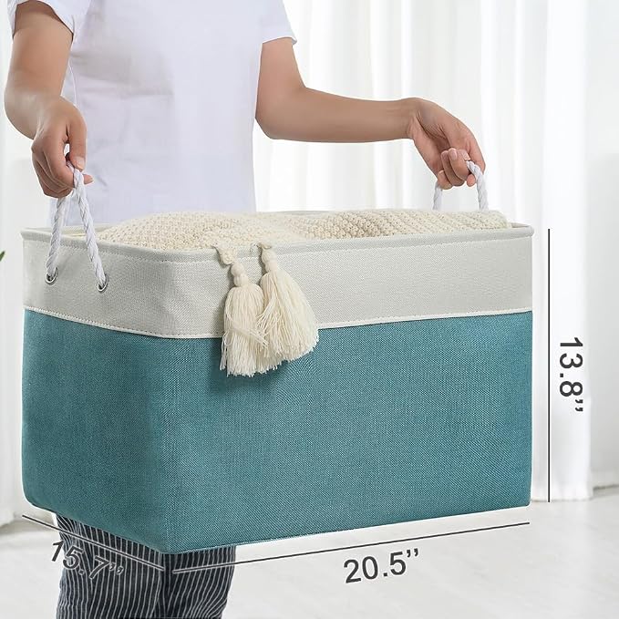 Storage Bin for Shelves - Extra Jumbo 3 Pack 20.5L×15.7W×13.8H Storage Basket for Organizing, Fabrin Storage cubes with Drawstring Cover for Living Room Bedroom Decor Closet（White & Green