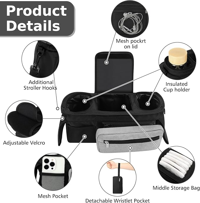 Accmor Universal Stroller Organizer with Insulated Cup Holder Detachable Phone Bag and Shoulder Strap,Stroller Bag Caddy Organizer for Uppababy, Baby Jogger, Britax Strollers