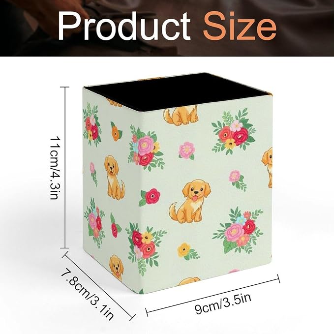 PU Leather Pencils Holder Organizer Case Golden Retriever Floral Dogs Desktop Pencil Cup Holder Stationery Container Box Office Makeup Brush Organization